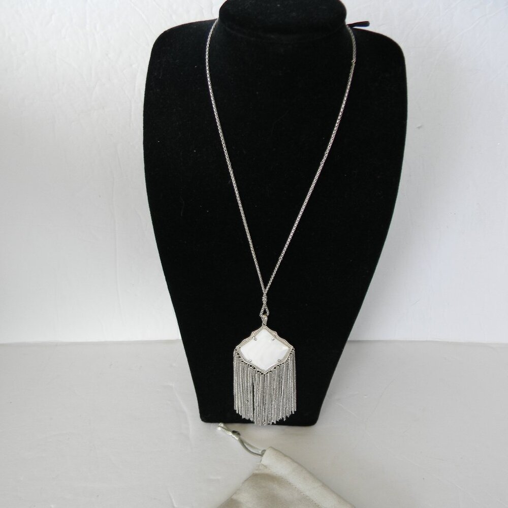 NWT KENDRA SCOTT KINGSTON SILVER/MOTHER OF PEARL LONG PENDANT FRINGE NECKLACE - Picture 2 of 5